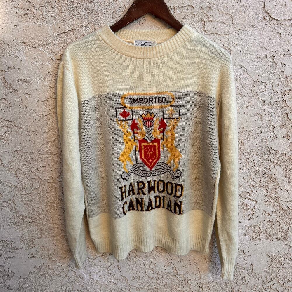 Vintage Harwood Canadian Crest Graphic Novelty Knit Sweater Mens Medium